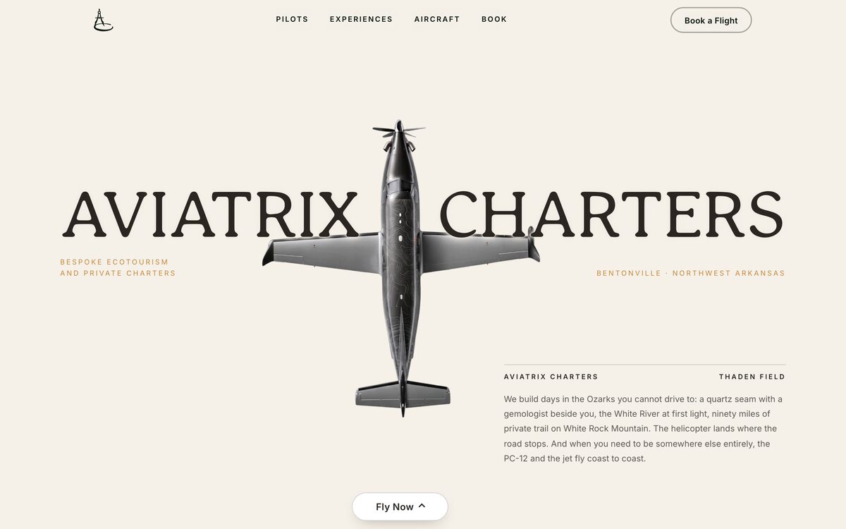 Aviatrix Charters homepage, with the company name set large around a technical top-down illustration of an aircraft.