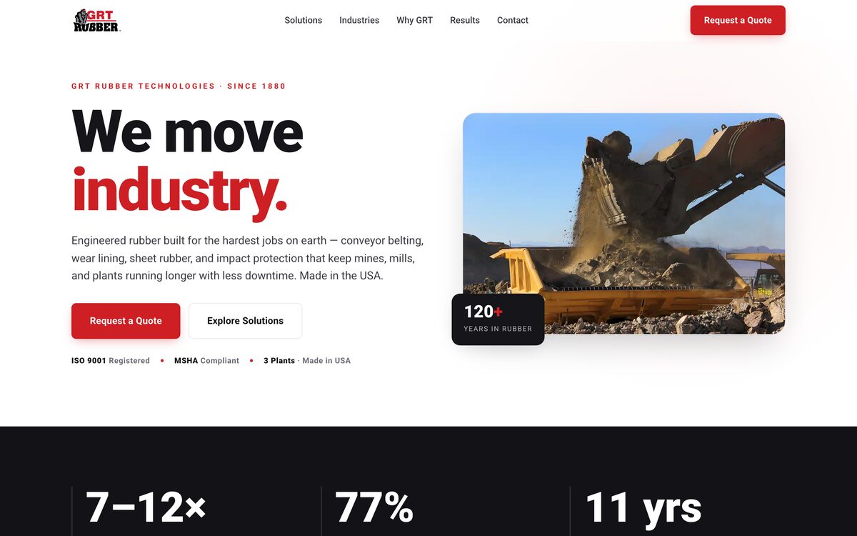 GRT Rubber Technologies homepage, with the headline "We move industry" beside a photo of an excavator loading a haul truck.