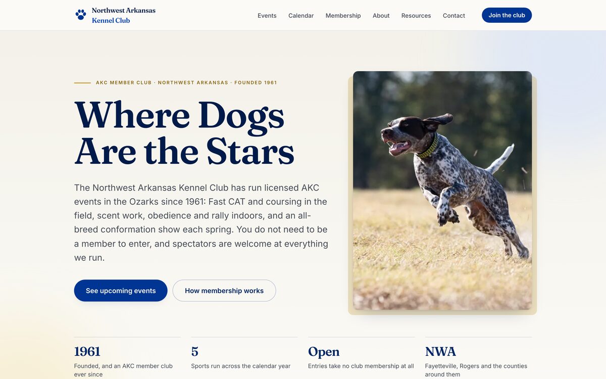 Northwest Arkansas Kennel Club homepage, with the headline "Where Dogs Are the Stars" beside a photo of a pointer running at a coursing event.