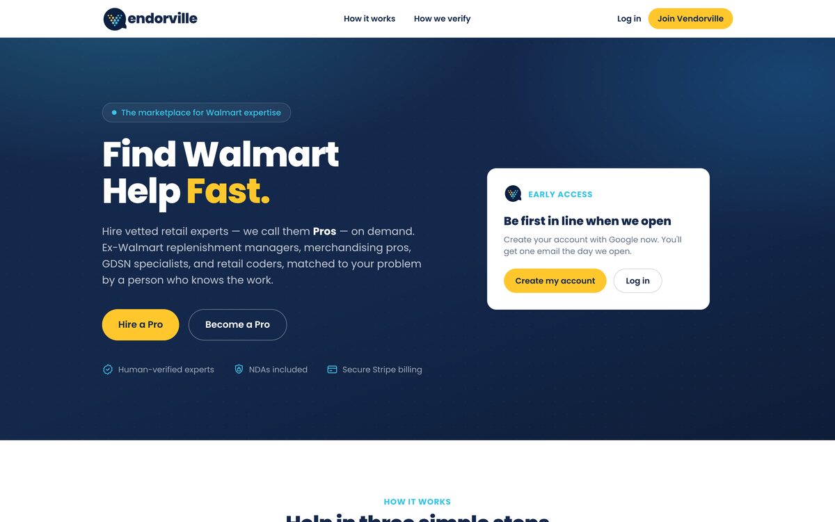 Vendorville homepage, with the headline "Find Walmart Help Fast" beside an early-access card inviting visitors to create an account before launch.